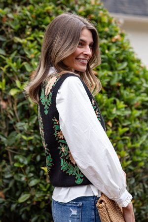 Evergreen Botanical Print Black Knit Vest