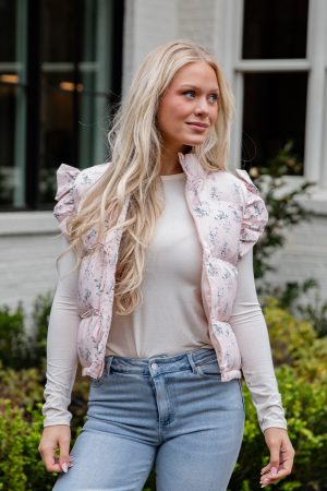 Blush Floral Ruffle Puffer Vest