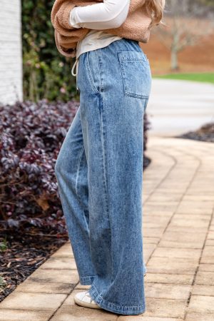 Jodie Medium Wash High-Rise Drawstring Waist Wide Leg Jeans